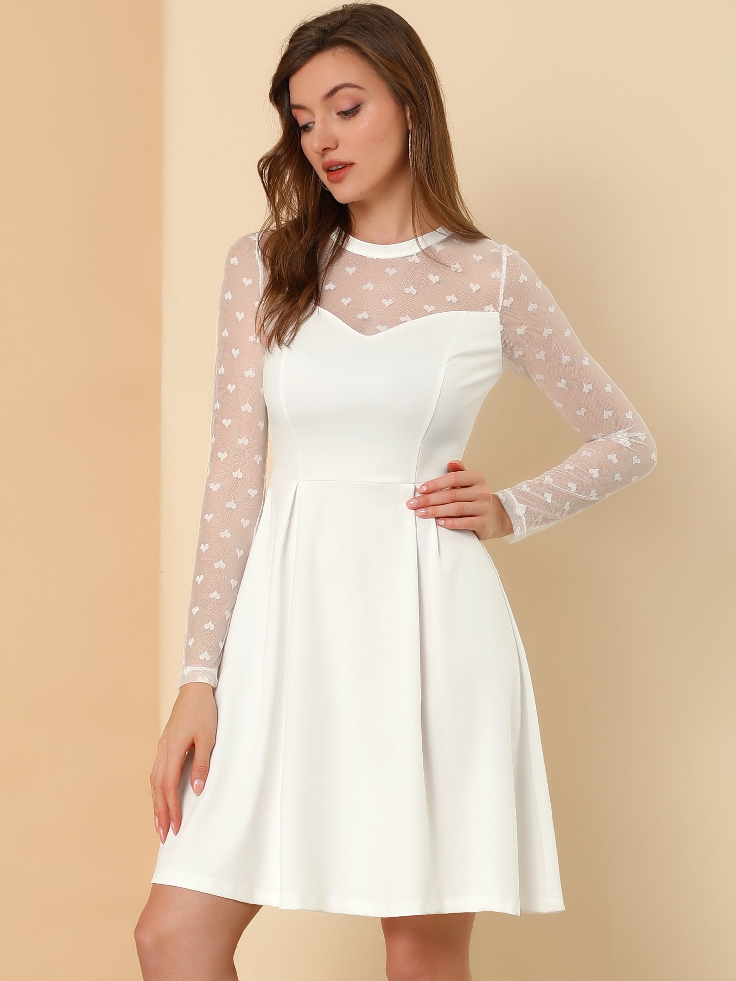knee length dresses for ladies Long Sleeve Stretch Lace Illusion Midi Dress In Ivory main image 0