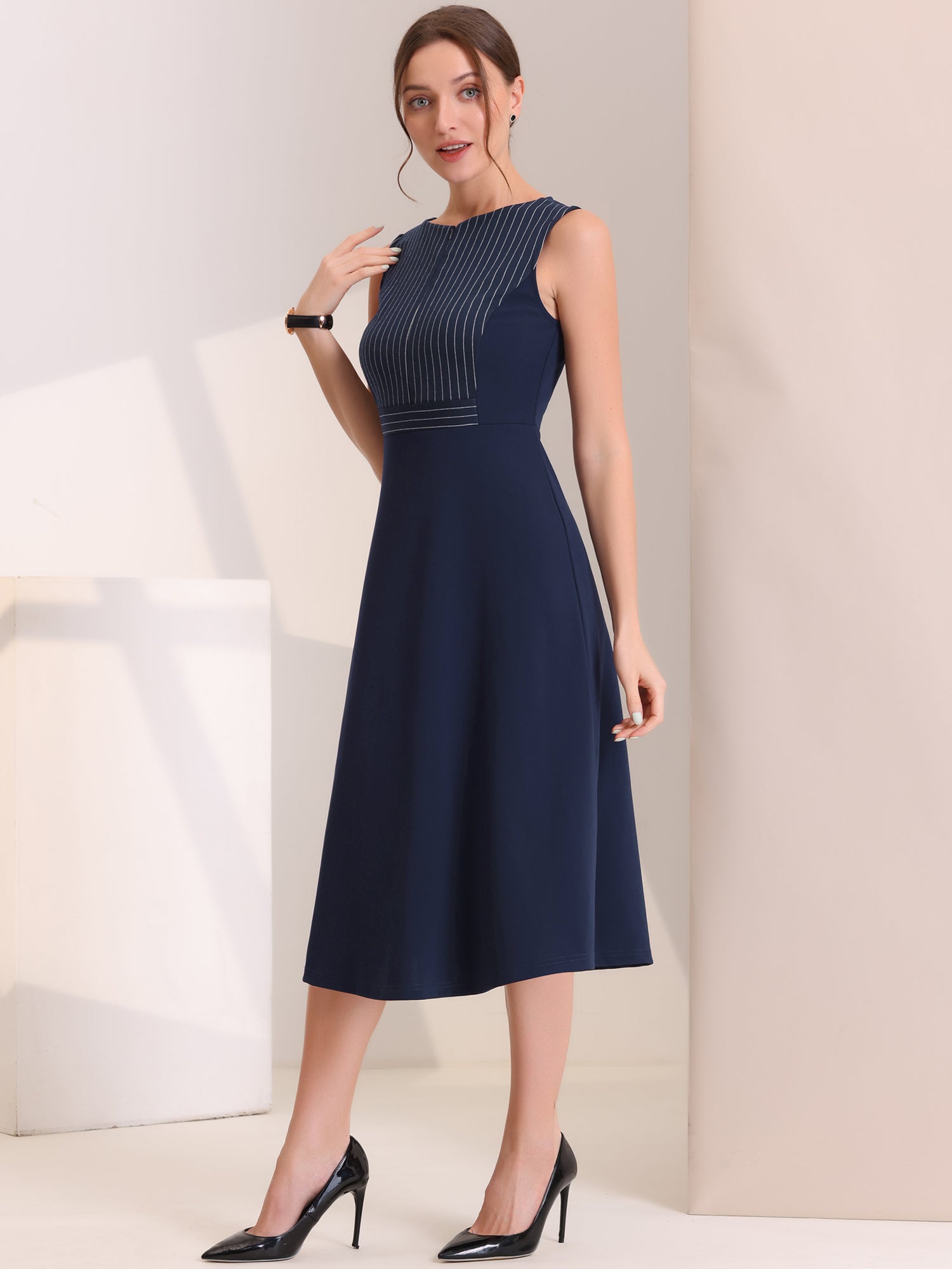 a line office dress Berylove Women Tweed Pink Work Dress A-Line Long Sleeve Midi Business Casual Dress