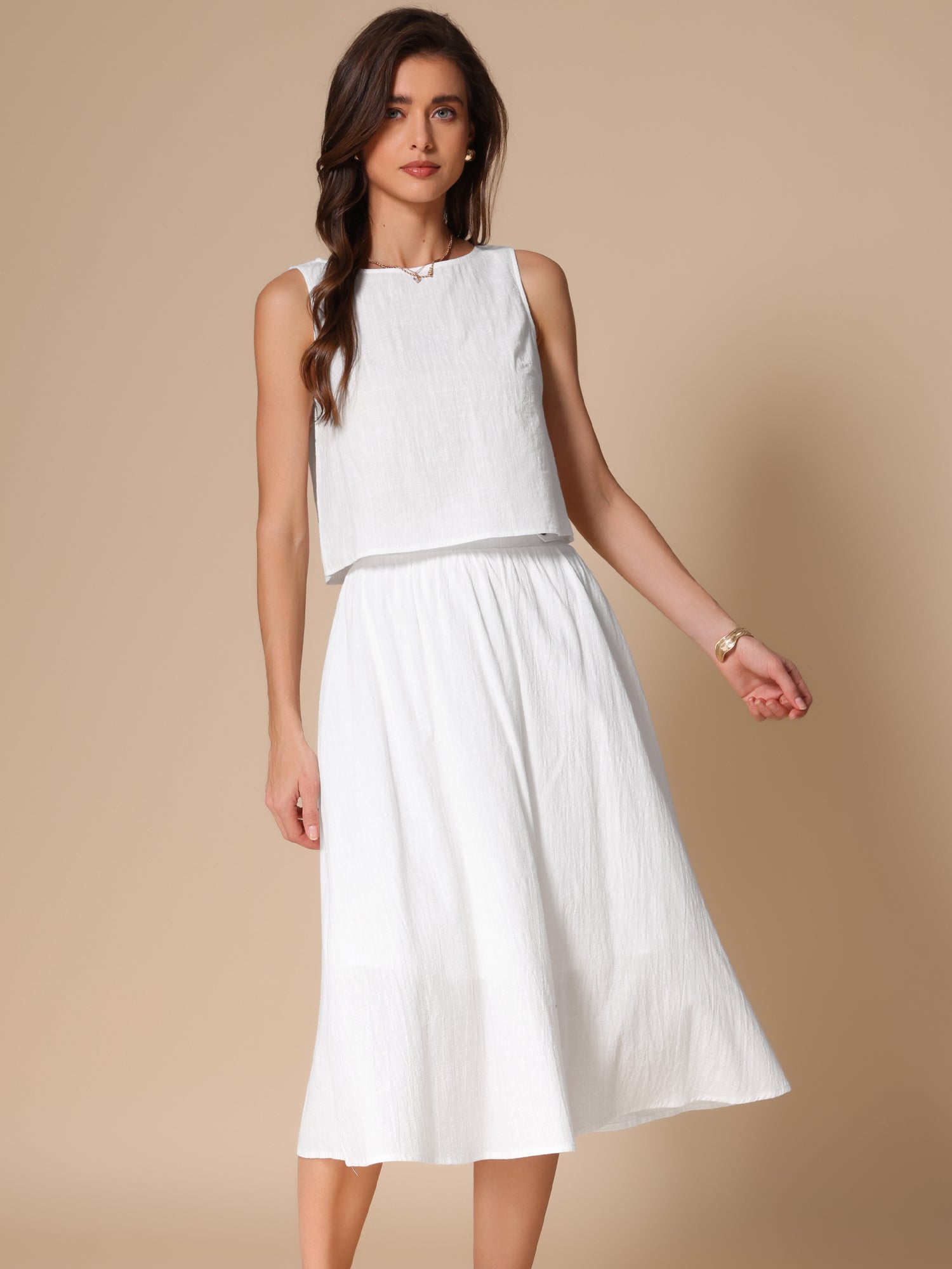 Sleeveless Golden Button A Line Skirt Set