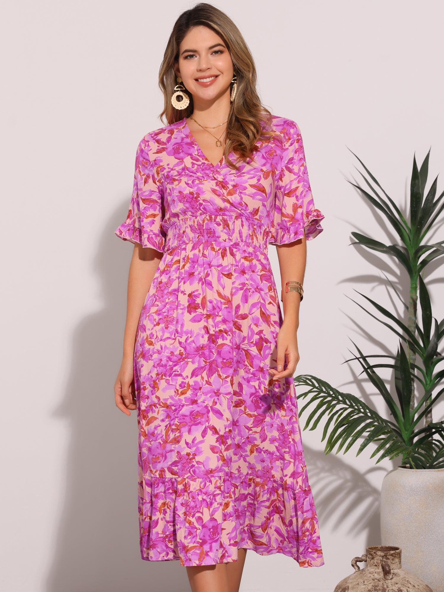 Floral Ruffled Hem Short Sleeve Smock Midi Dress Floral Ruffled Hem Short Sleeve Smock Midi Dress
