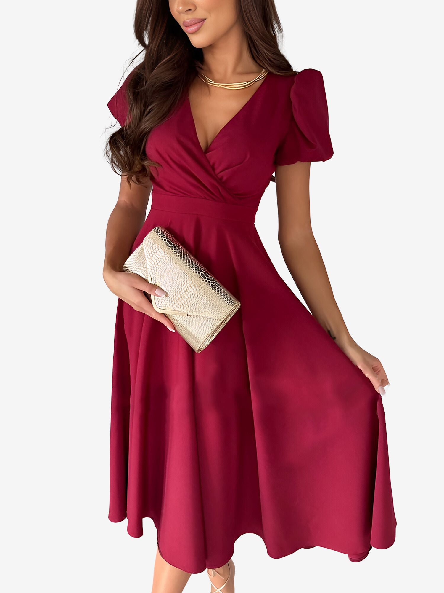 solid color midi dress Versatile Crewneck Solid Color V Neck Puff Short Sleeve Midi Dress with  Elastic Waist