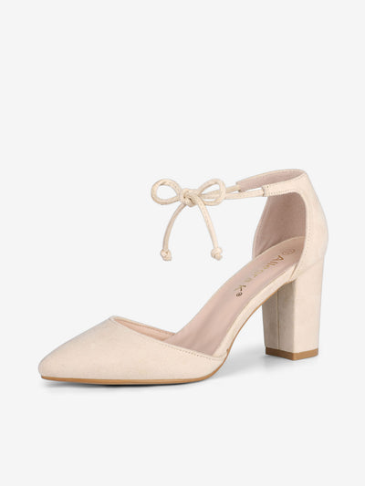 Tapered Straps Ankle Tie Point Toe Chunky Heel Pumps