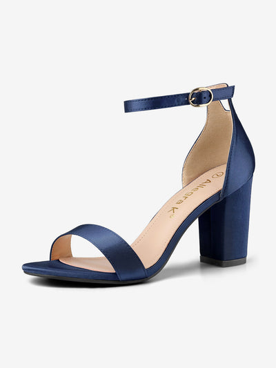 Satin Open Toe Ankle Strap Chunky Heel Sandals