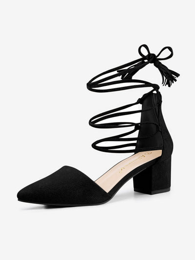 Pointed Toe Block Heel Lace Up Pumps