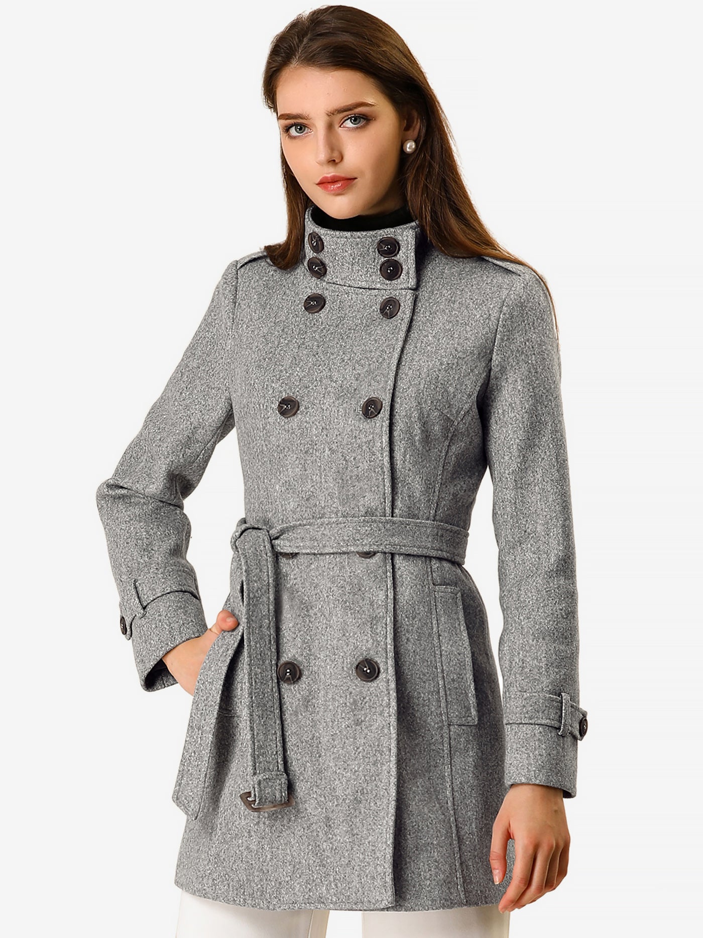 Allegra K Stand Collar Double Breasted Trendy Belted Winter Coat