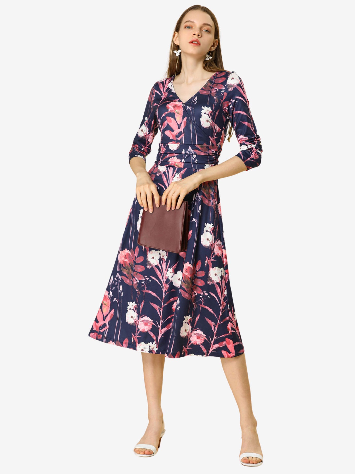 Allegra K Floral V Neck Wrap Pleated Waist A-line Fit and Flare Dress