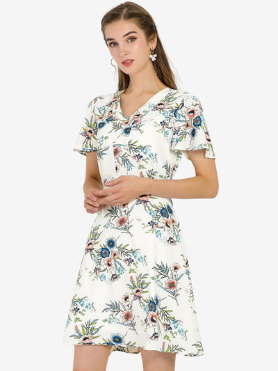 Allegra K Floral Print Casual V-Neck Short Sleeve A-Line Flare Dress