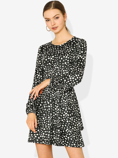 Allegra K Leopard Print Round Neck Smock Waist Long Sleeve Ruffle Mini Dress