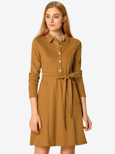 Chambray Half Placket Long Sleeve Belted Casual Safari Shirt Dress