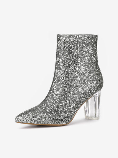 Allegra K Pointed Toe Clear Block Heel Glitter Ankle Boots