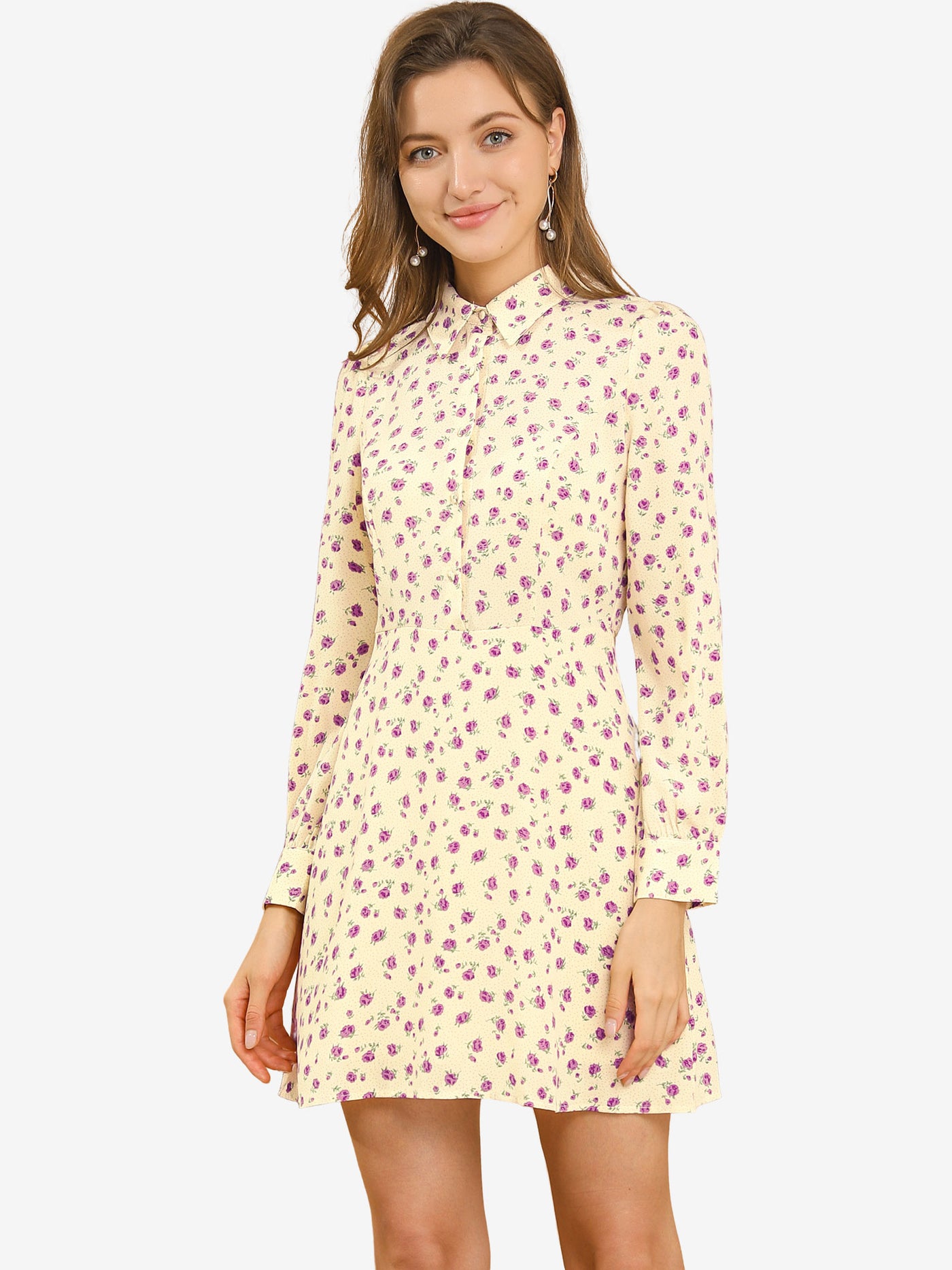 Allegra K Dots Print Half Placket Puff Long Sleeve Floral Print Shirt Dress