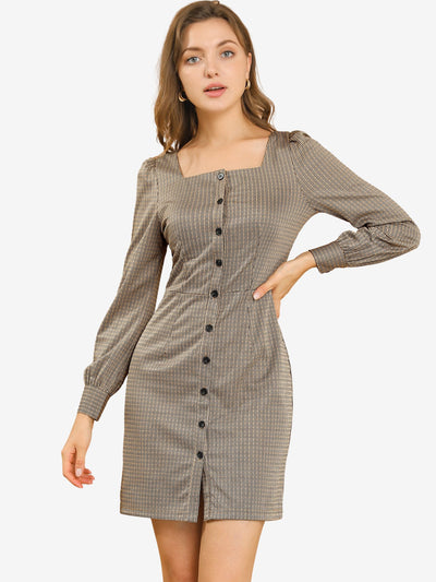 Allegra K Square Neck Button Puff Long Sleeve Plaid Houndstooth Dress