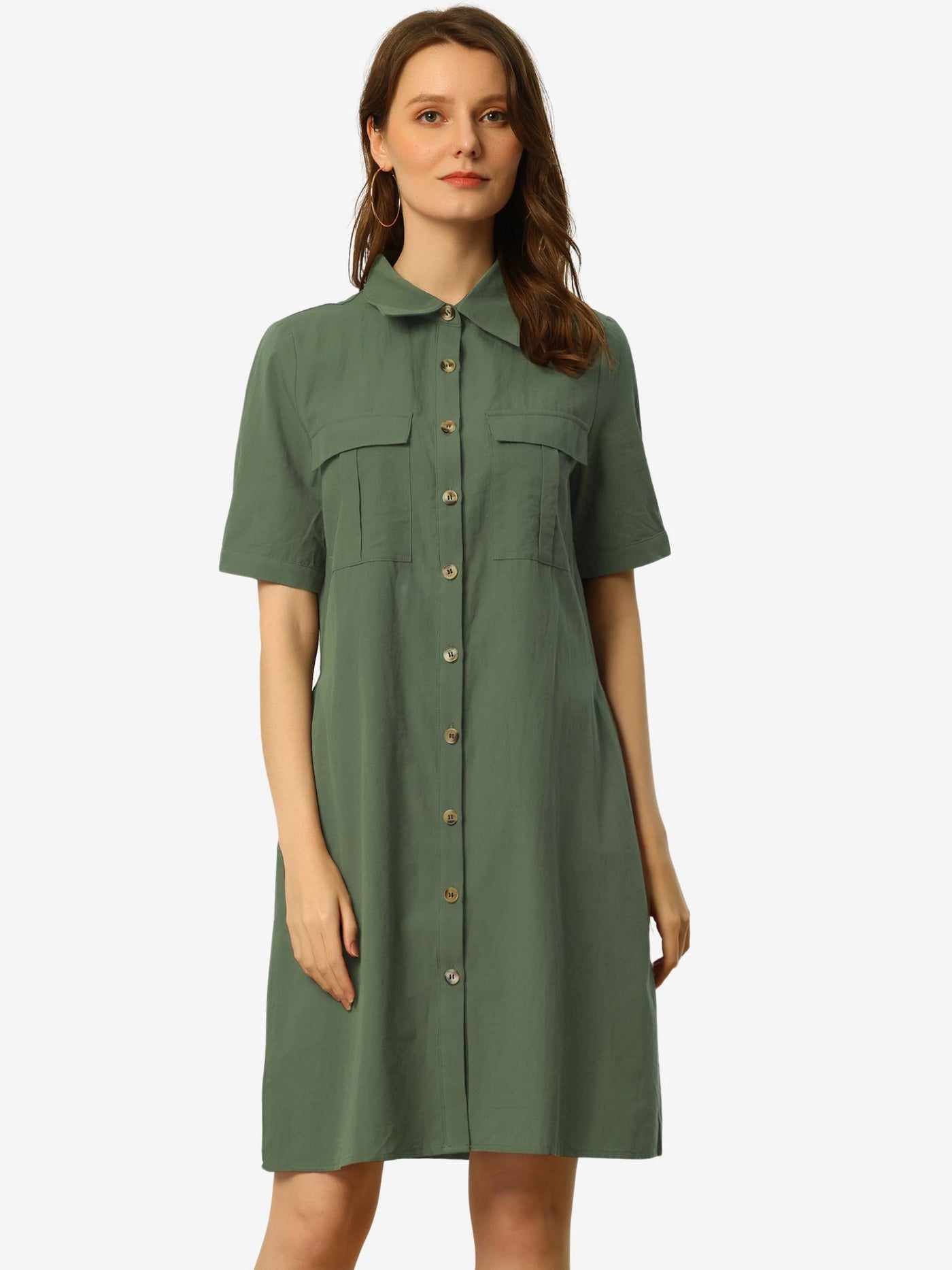 Allegra K Summer Safari Dress Collared Button Down Cotton Belted Shirtdress