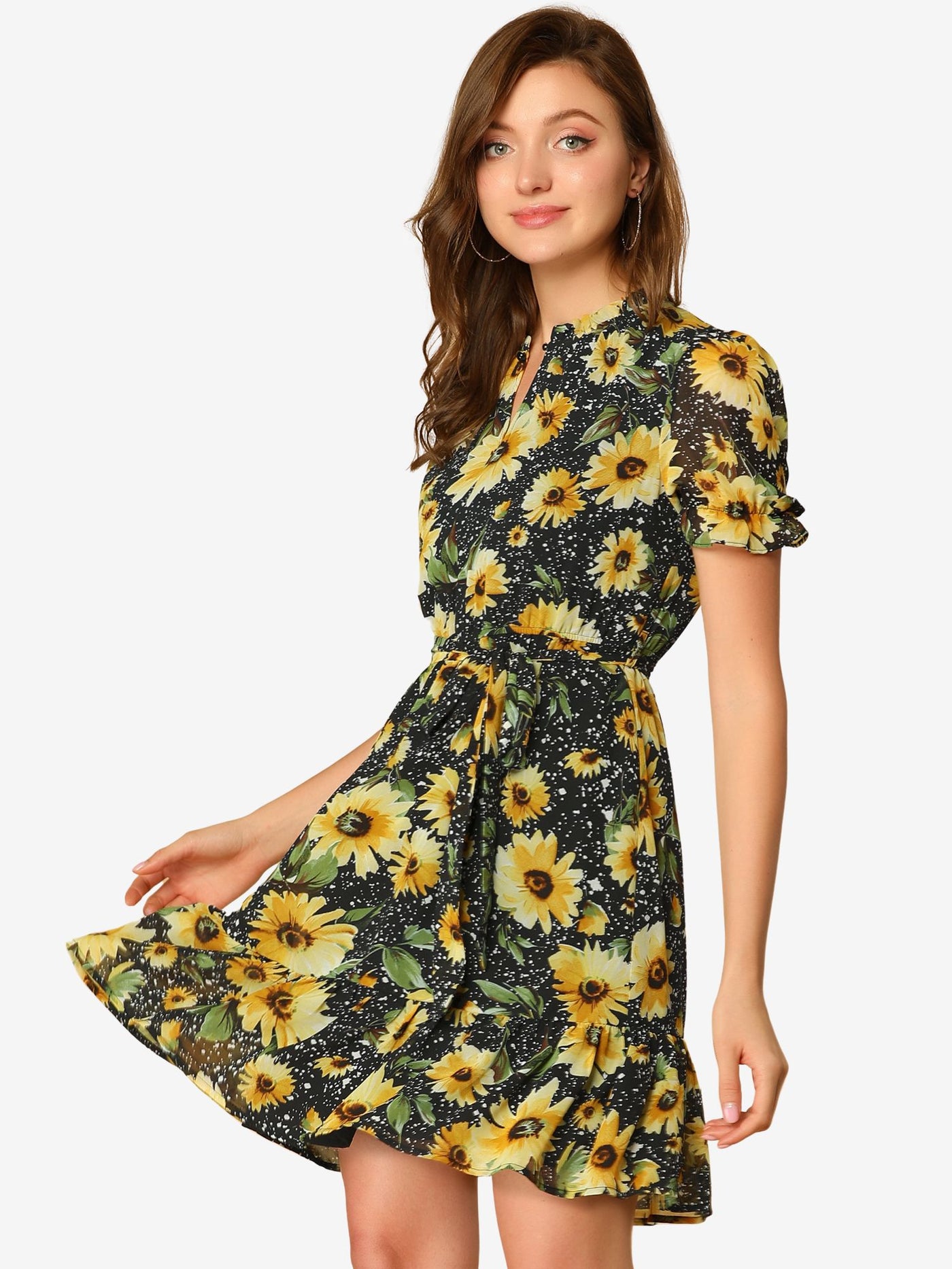 Allegra K Summer Sunflower Floral Ruffle Short Sleeve Keyhole Belted Dress