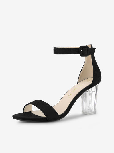 Allegra K Faux Suede Open Toe Ankle Strap Clear Chunky Heel Sandals