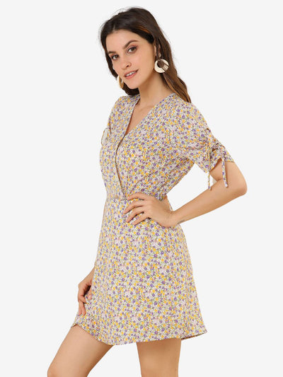 Floral Puff Sleeve Ruched Cuffs V Neck Dress