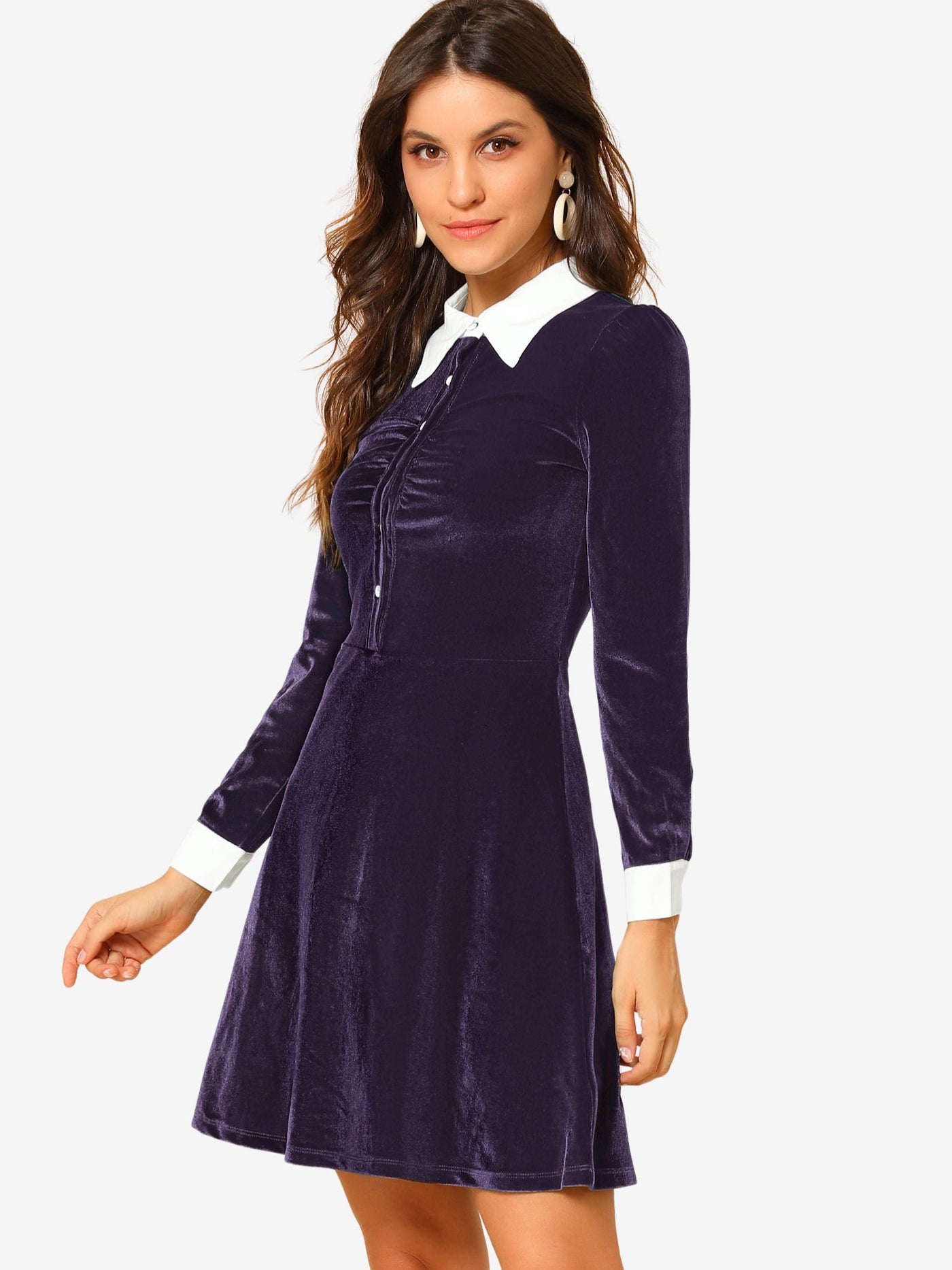 Allegra K Contrast Collar A-Line Party Long Sleeve Vintage Velvet Dress