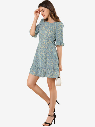 Allegra K Puff Sleeve Ditsy Floral Boat Neck Summer A-Line Ruffle Dress