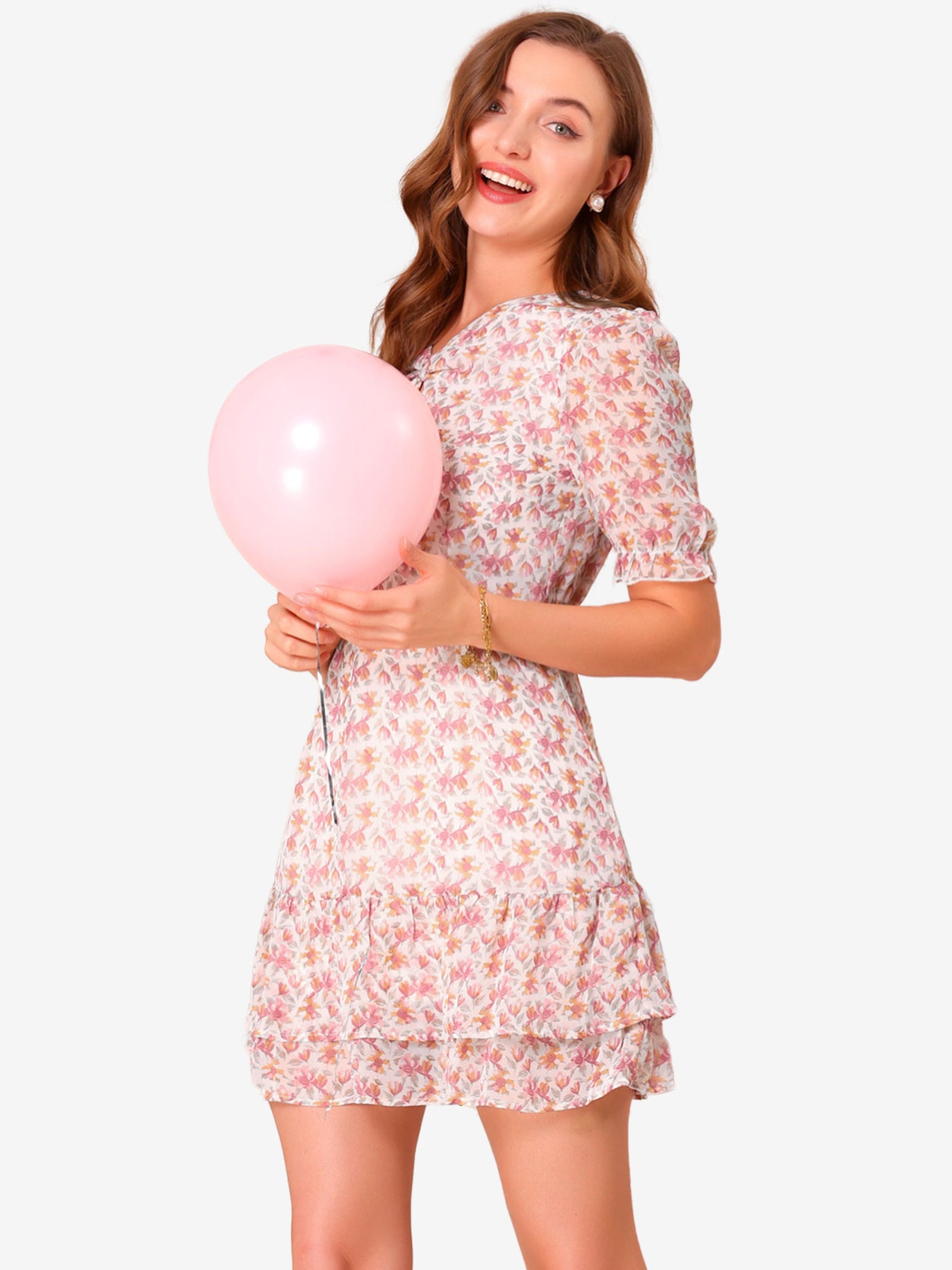 Allegra K Short Sleeve Layered Ruffled Hem Watercolor Floral Chiffon Dress