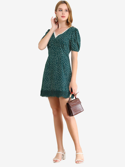Allegra K Puff Sleeve Polka Dots Mini Vintage Lace Deep V Neck Dress