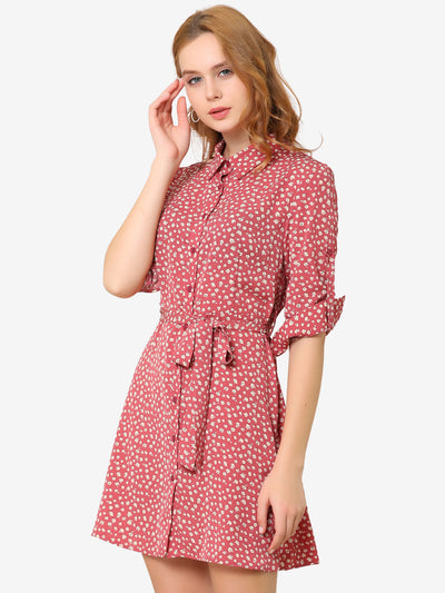 Collared Long Sleeve Shirtdress Belted Button Down Ditsy Floral Dress