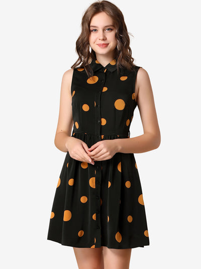 Polka Dots Button Down Tie Waist Sleeveless Shirt Dress Sundress