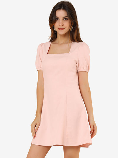 Allegra K Elegant Square Neck Solid Color Puff Sleeve A-Line Short Dress