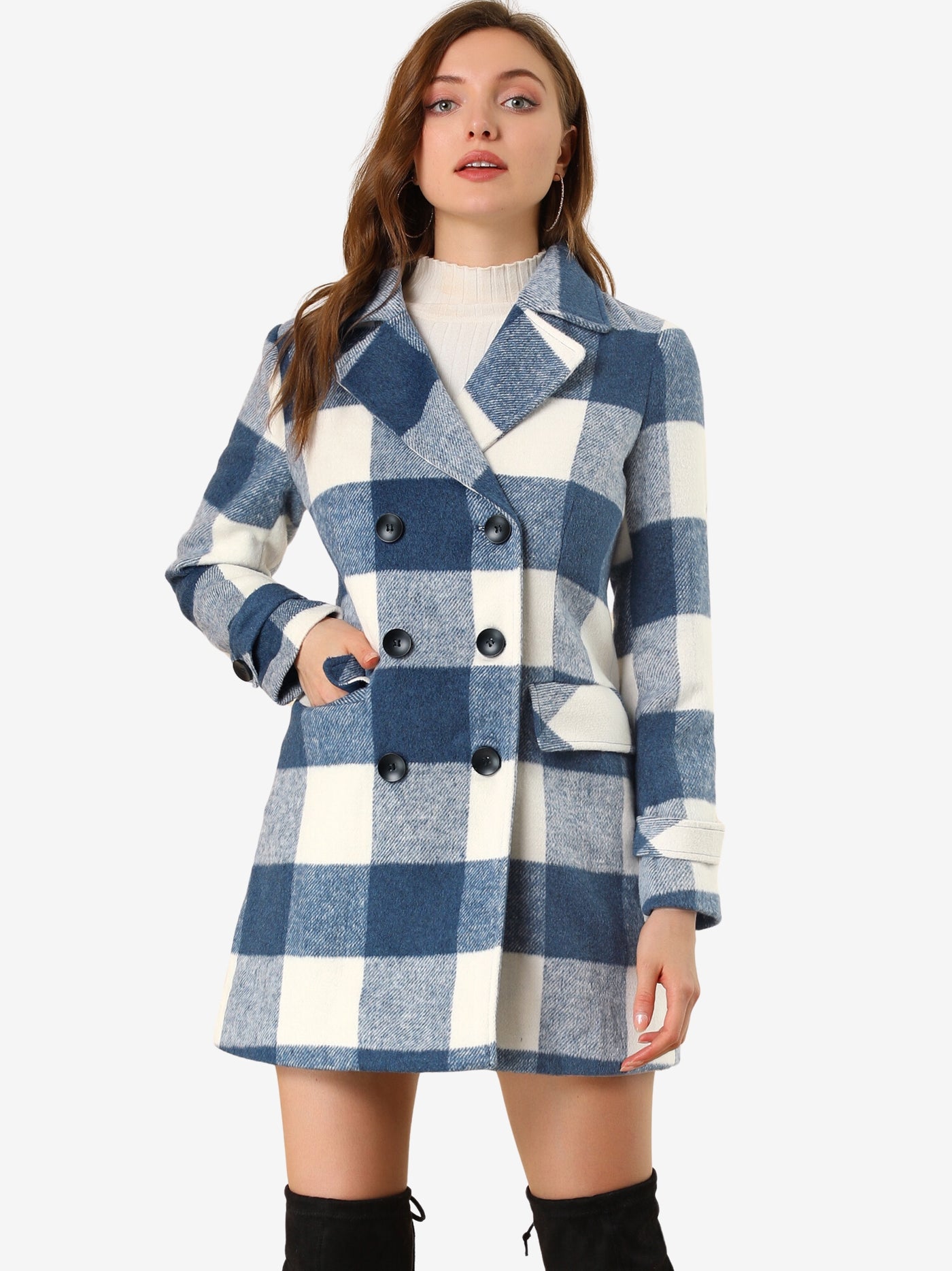 Allegra K Buffalo Checks Double Breasted Notched Lapel Plaid Trench Coat