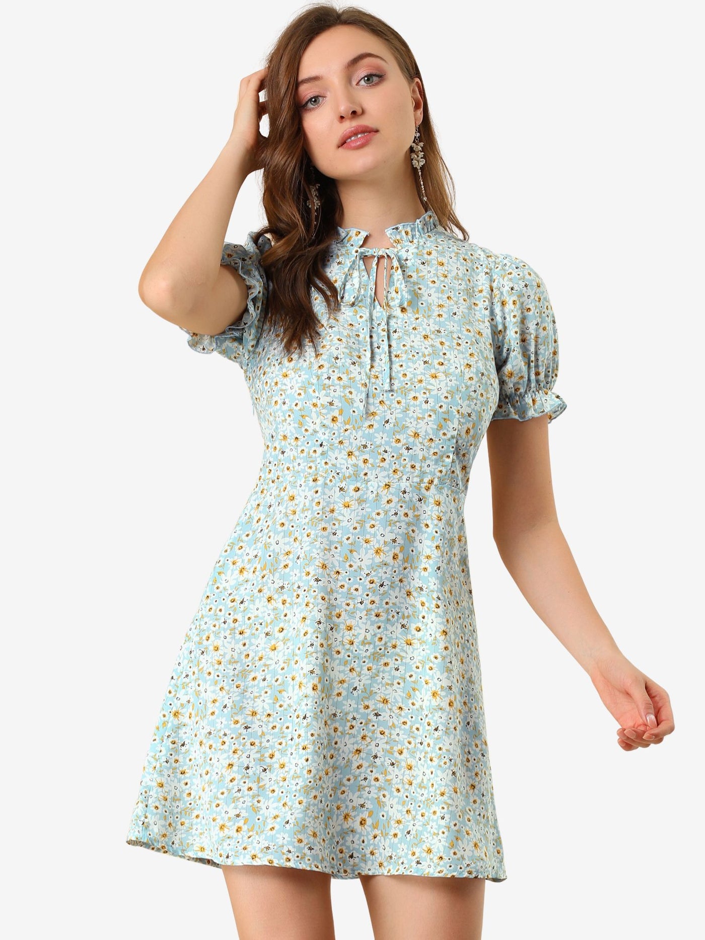 Allegra K Ditsy Floral Ruffled Vintage Puff Sleeve Flare Mini Dress