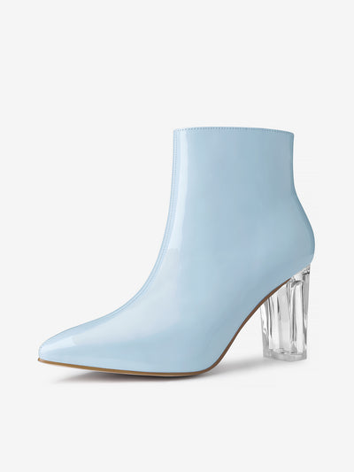 Patent Leather Pointed Toe Clear Chunky Heel Ankle Boots