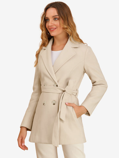 Allegra K Faux Fur Collar Coat Double Breasted Belted Winter Overcoat