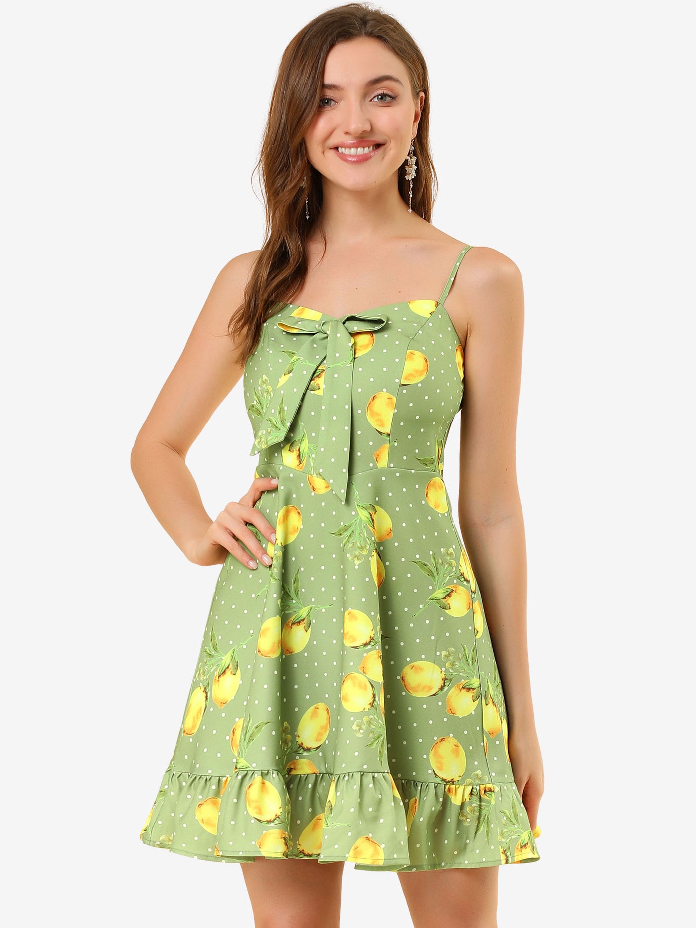 Allegra K Ruffle Bow Knot Mini Sundress Lemon Spaghetti Strap Dress