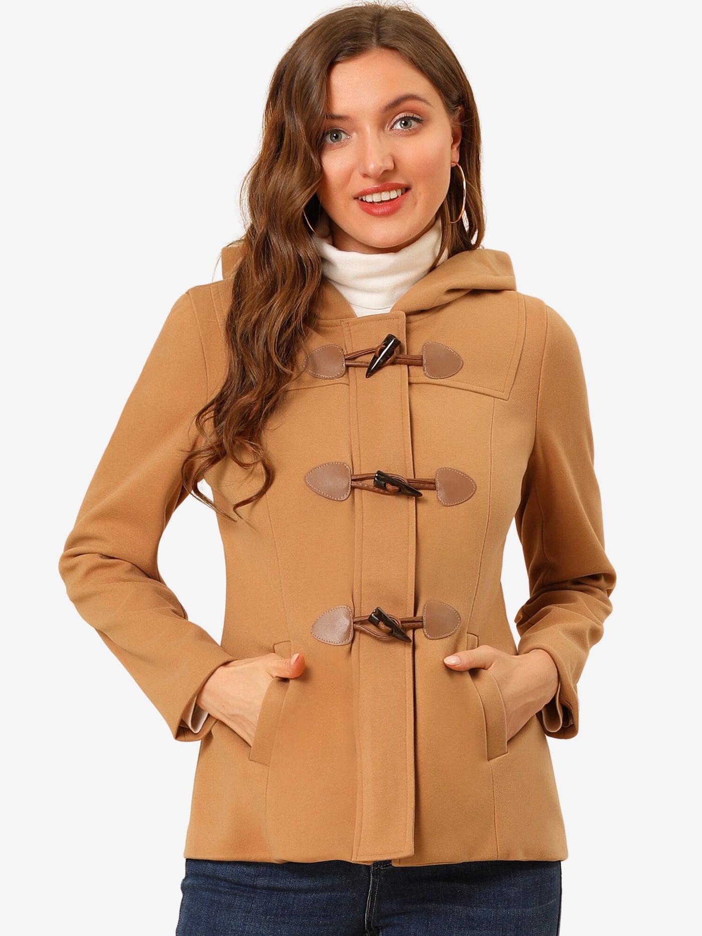 Allegra K Casual Winter Outwear Hooded Button Toggle Pea Coat