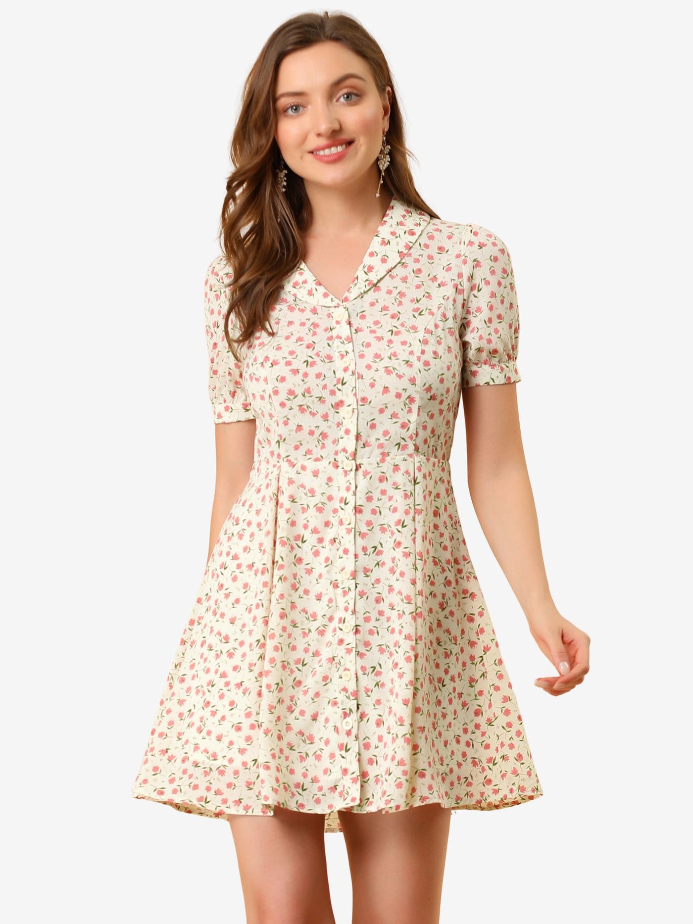 Allegra K Floral V Neck Short Sleeve Button Front Summer Shirt Dress