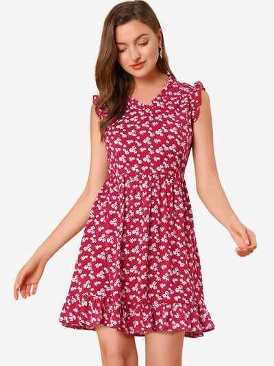 Allegra K Floral Print V Neck A-Line Summer Sleeveless Ruffle Mini Dress Sundress