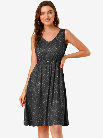 Polka Dots Sleeveless Dress Elastic Waist Midi Sundress with Pockets