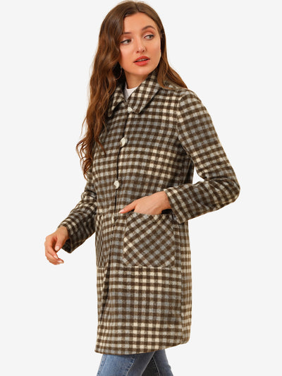 Allegra K Turnover Collar Winter Elegant Woolen Blend Long Plaid Coat