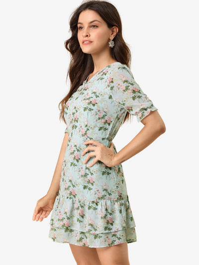 Short Sleeve Layered Ruffled Hem Watercolor Floral Chiffon Dress