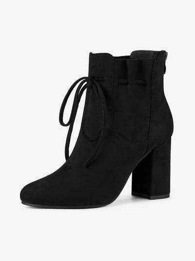 Allegra K Lace Up Round Toe Drawstring Block Heel Ankle Boots
