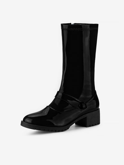 Allegra K Mid Calf Chunky Heel Patent Leather GO Boots