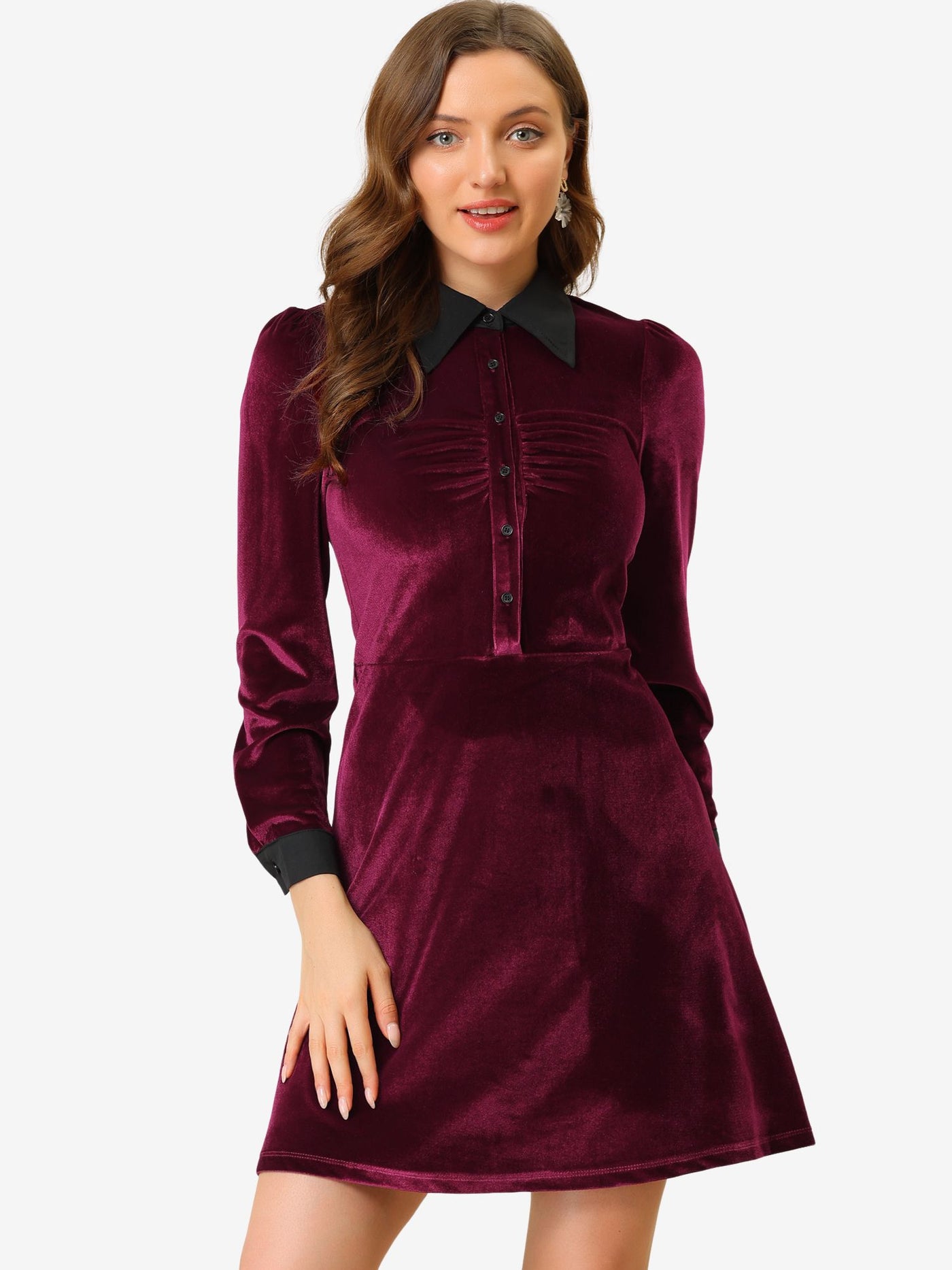 Allegra K Contrast Collar A-Line Party Long Sleeve Vintage Velvet Dress