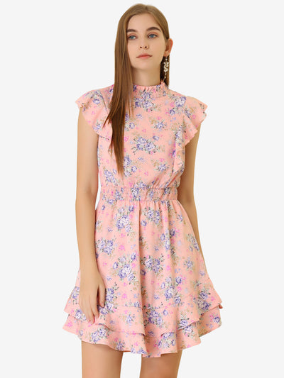Floral Mock Neck Sleeveless Tiered Smocked Waist Ruffle Mini Dress