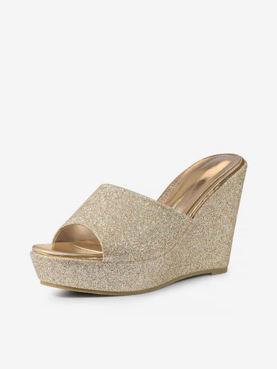 Allegra K Glitter Platform Slip on Wedge Heel Sandals