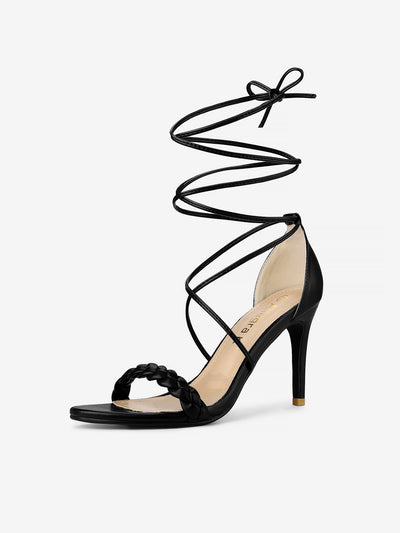 Woven Strap Lace Up Strappy Stiletto Heel Sandals