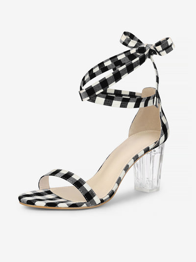 Allegra K Open Toe Lace Up Plaid Clear Chunky Heel Tie Back Sandals