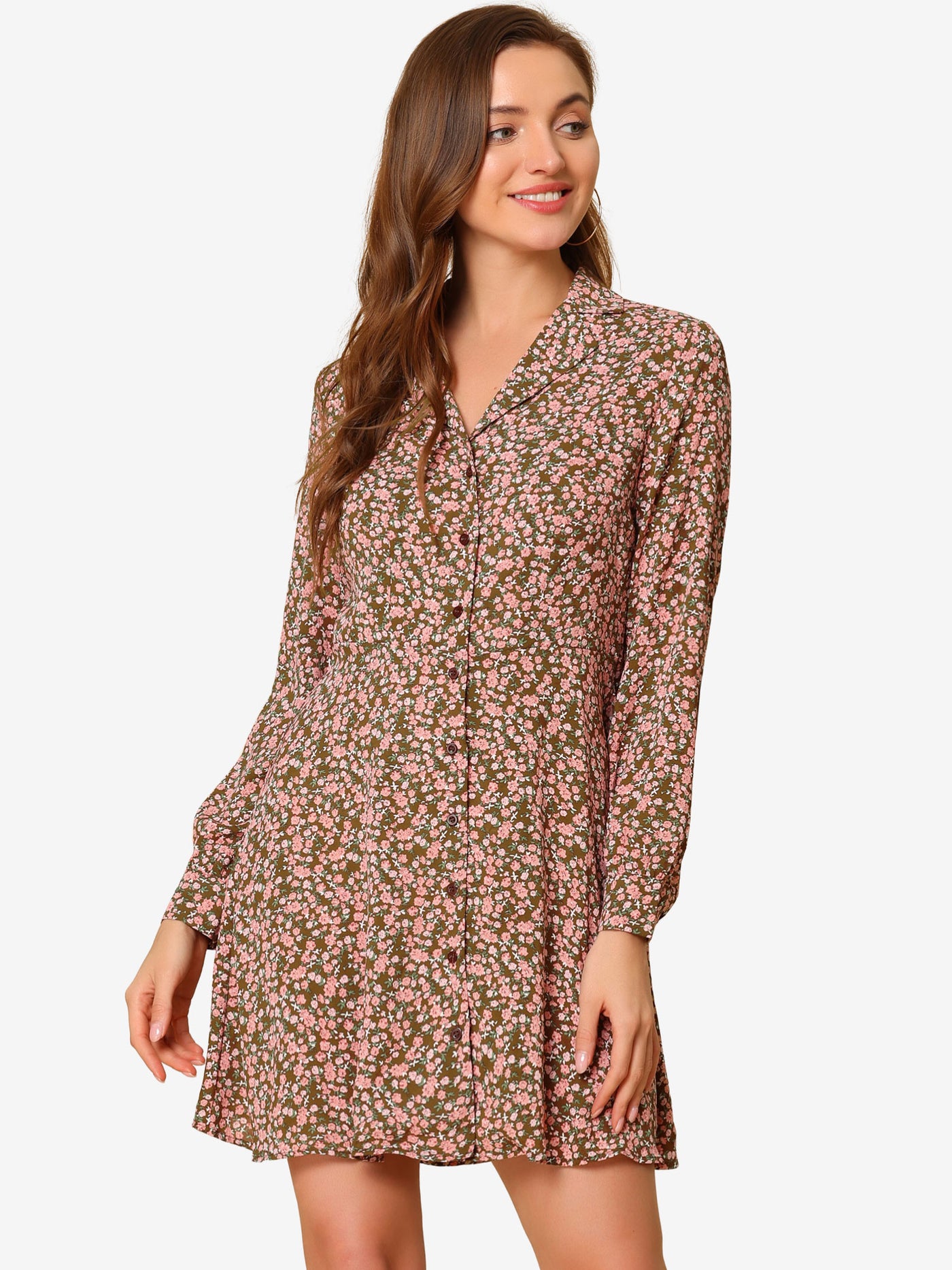 Allegra K Floral Print Camp Collar Long Sleeve Button Down Short Shirt Dress