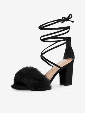 Faux Fur Open Toe Lace Up Strappy Chunky Heel Sandals