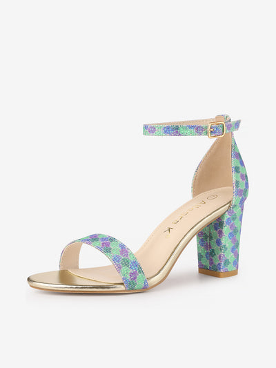 Allegra K Colorful Gradient Glitter Chunky Heel Ankle Strap Sandals
