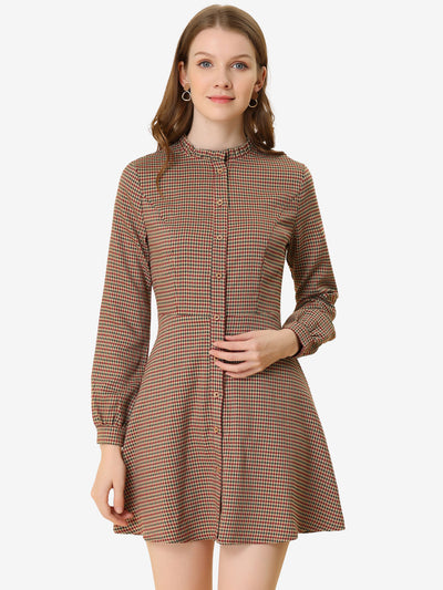 Vintage Check Ruffle Neck Button Down Long Sleeve A-Line Dress