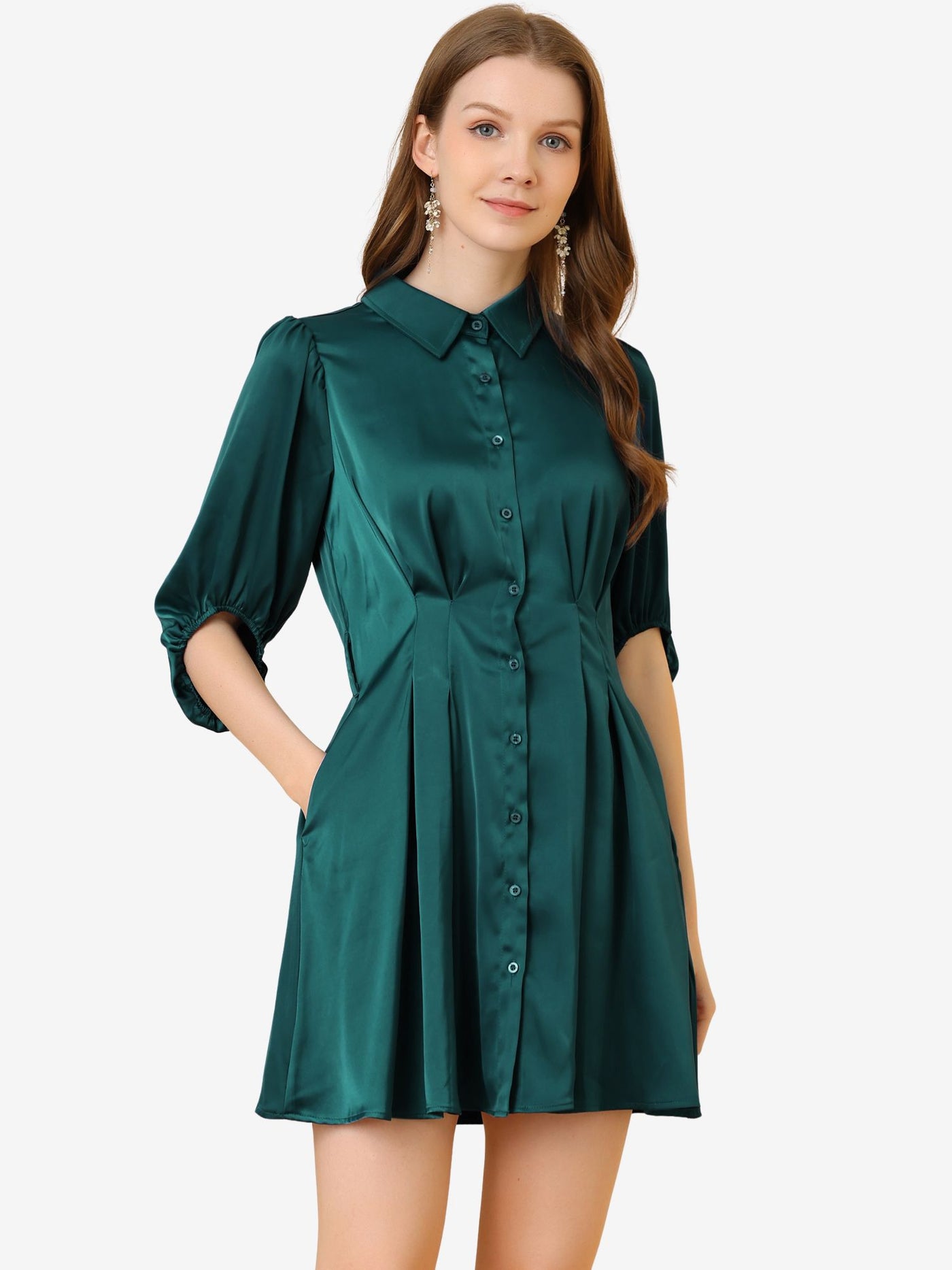 Allegra K Elegant Satin Pleated Waist A-Line Belted Puff Sleeve Shirt Dress